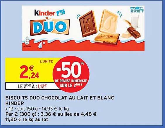 Biscuits DUO Chocolat au lait et blanc Kinder