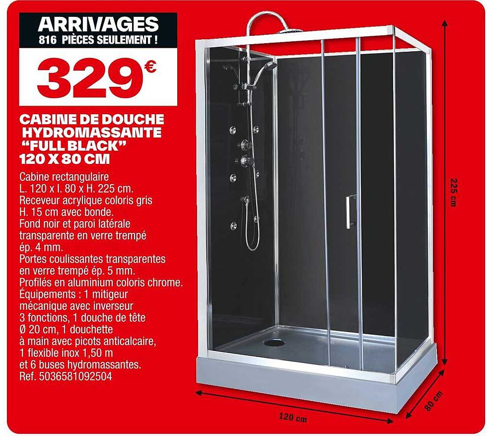 CABINE DE DOUCHE HYDROMASSANTE "FULL BLACK" 120 X 80 CM