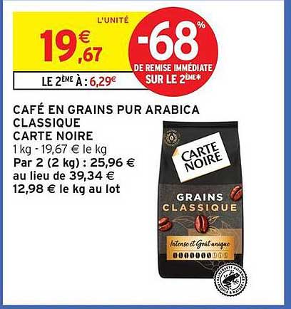 CAFE EN GRAINS PUR ARABICA CLASSIQUE CARTE NOIRE