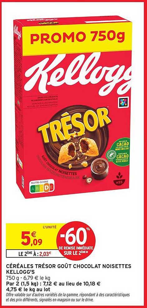 CÉRÉALES TRÉSOR GOÛT CHOCOLAT NOISETTES KELLOGG'S