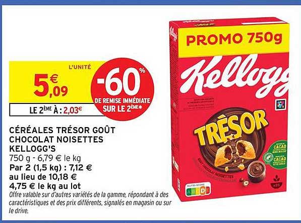 CÉRÉALES TRÉSOR GOÛT CHOCOLAT NOISETTES KELLOGG'S