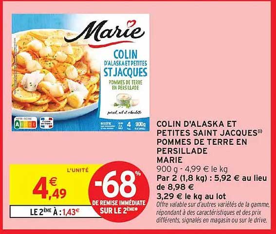 COLIN D'ALASKA ET PETITES SAINT JACQUES POMMES DE TERRE EN PERSILLADE MARIE