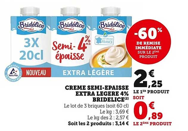 CREME SEMI-ÉPAISSE EXTRA LÉGÈRE 4% BRIDELICE