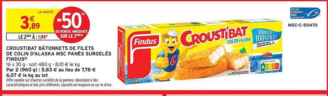 CROUSTIBAT BÂTONNETS DE FILETS DE COLIN D'ALASKA MSC PANÉS SURGELÉS FINDUS