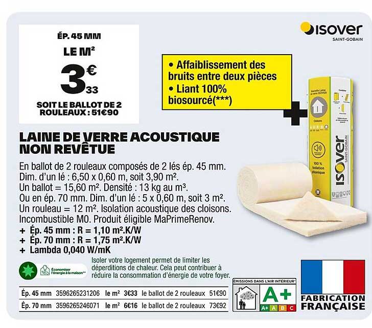 LAINE DE VERRE ACOUSTIQUE NON REVÊTUE