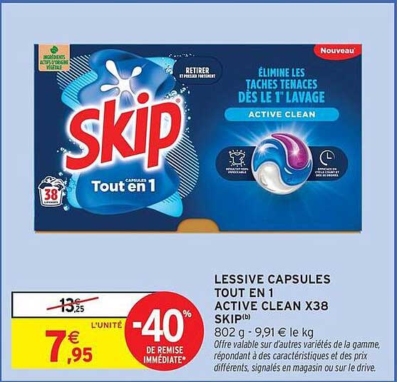 LESSIVE CAPSULES TOUT EN 1 ACTIVE CLEAN X38 SKIP