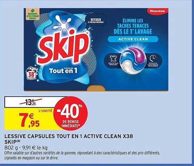 LESSIVE CAPSULES TOUT EN 1 ACTIVE CLEAN X38 SKIP