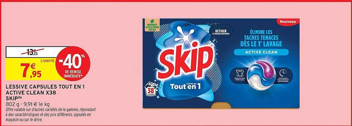 LESSIVE CAPSULES TOUT EN 1 ACTIVE CLEAN X38 SKIP