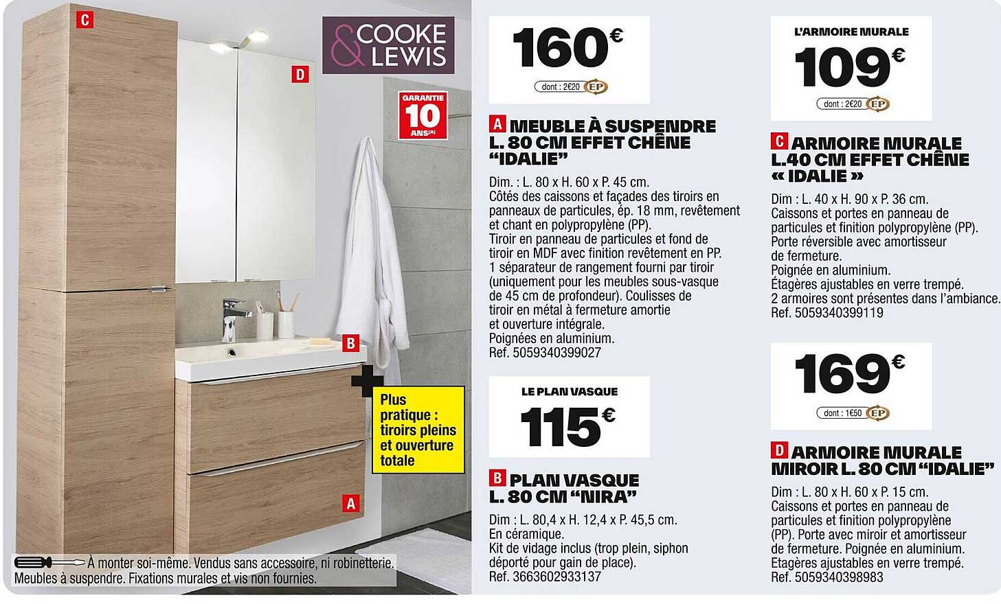 MEUBLE À SUSPENDRE L. 80 CM EFFET CHÊNE "IDALIE"