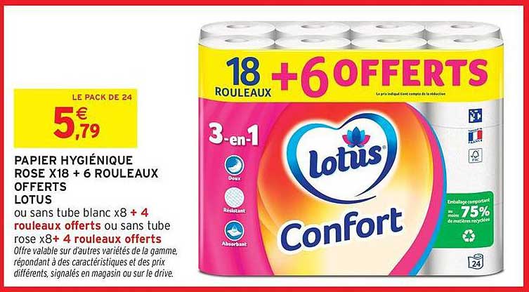 PAPIER HYGIÉNIQUE ROSE X18 + 6 ROULEAUX OFFERTS LOTUS