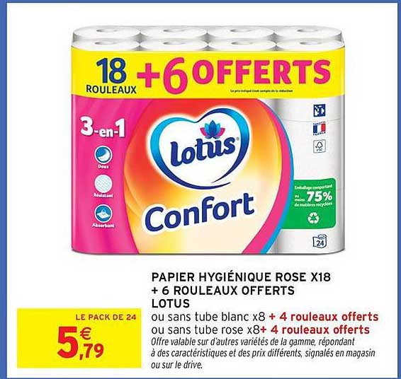 PAPIER HYGIÉNIQUE ROSE X18 + 6 ROULEAUX OFFERTS LOTUS