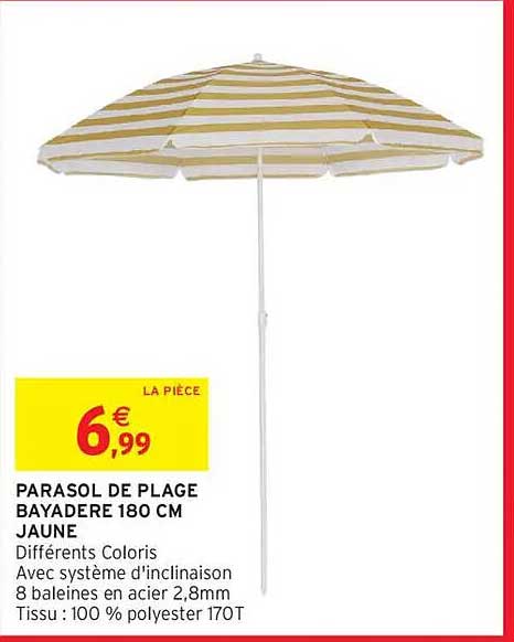 PARASOL DE PLAGE BAYADERE 180 CM JAUNE