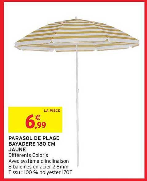 PARASOL DE PLAGE BAYADERE 180 CM JAUNE