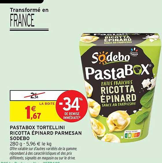 PASTABOX TORTELLINI RICOTTA ÉPINARD PARMESAN SODEBO