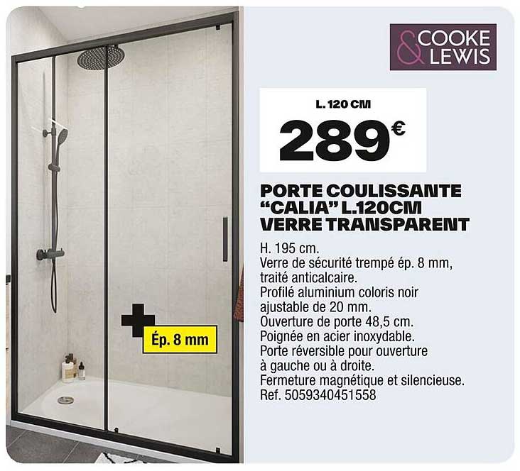 PORTE COULISSANTE “CALIA” L.120CM VERRE TRANSPARENT