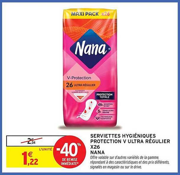 SERVIETTES HYGIÉNIQUES PROTECTION V ULTRA RÉGULIER X26 NANA