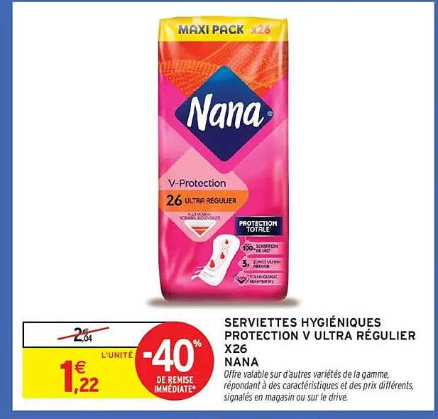 SERVIETTES HYGIÉNIQUES PROTECTION V ULTRA RÉGULIER X26 NANAS