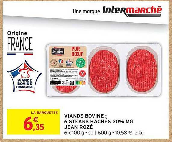VIANDE BOVINE : 6 STEAKS HACHÉS 20% MG JEAN ROZÉ