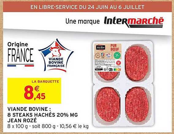 VIANDE BOVINE : 8 STEAKS HACHÉS 20% MG JEAN ROZÉ
