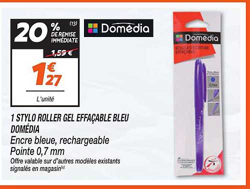 1 STYLO ROLLER GEL EFFAÇABLE BLEU DOMÉDIA