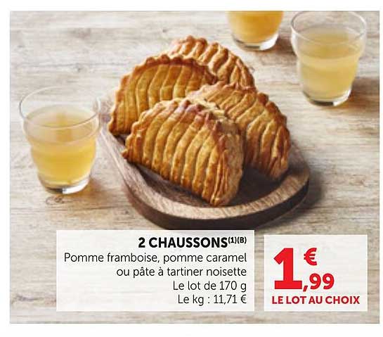 2 CHAUSSONS Pomme framboise, pomme caramel ou pâte à tartiner noisette Le lot de 170 g