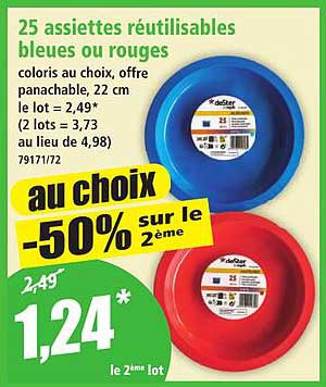 25 assiettes réutilisables bleues ou rouges