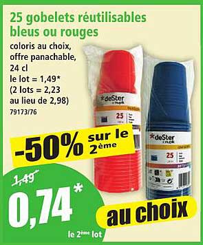 25 gobelets réutilisables bleus ou rouges