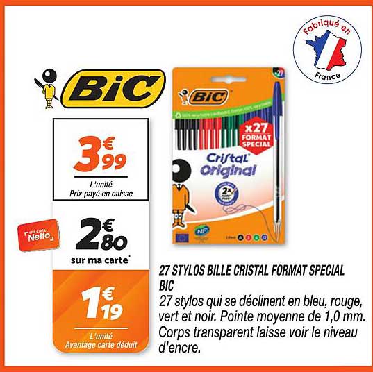 27 STYLOS BILLE CRISTAL FORMAT SPECIAL BIC