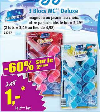3 Blocs WC** Deluxe magnoia ou jasmin au choix, offre panachable, le lot = 2,49* (2 lots = 3,49 au lieu de 4,98)