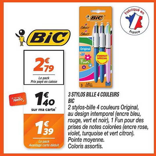 3 STYLOS BILLE 4 COULEURS BIC