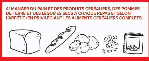 4/ MANGER DU PAIN ET DES PRODUITS CÉRÉALIERS, DES POMMES DE TERRE ET DES LÉGUMES SECS À CHAQUE REPAS ET SELON L'APPÉTIT (EN PRIVILÉGIANT LES ALIMENTS CÉRÉALIERS COMPLETS)
