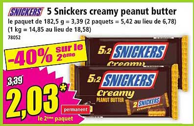 5 Snickers creamy peanut butter