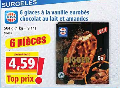 6 glaces à la vanille enrobés chocolat au lait et amandes