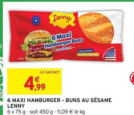 6 Maxi Hamburger Buns au sésame Lenny