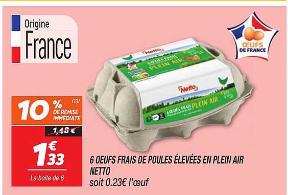 6 OEUFS FRAIS DE POULES ELEVÉES EN PLEIN AIR NETTO