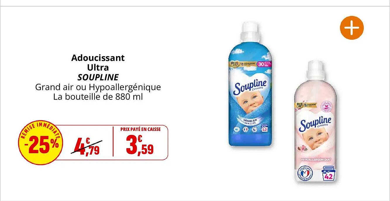 Adoucissant Ultra SOUPLINE Grand air ou Hypoallergénique La bouteille de 880 ml