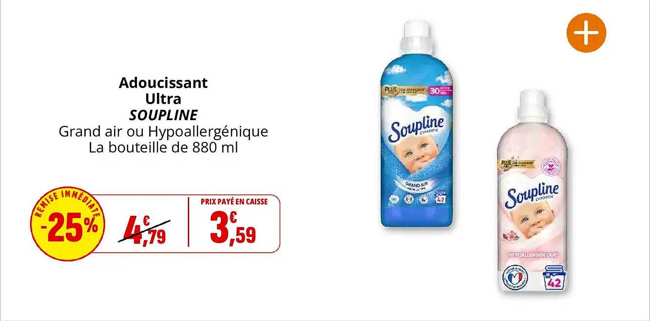 Adoucissant Ultra SOUPLINE Grand air ou Hypoallergénique La bouteille de 880 ml