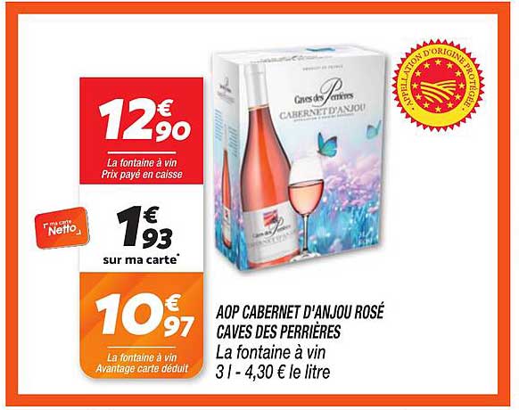 AOP CABERNET D'ANJOU ROSÉ CAVES DES PERRIÈRES La fontaine à vin 3 l - 4,30 € le litre