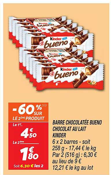 BARRE CHOCOLATÉE BUENO CHOCOLAT AU LAIT KINDER