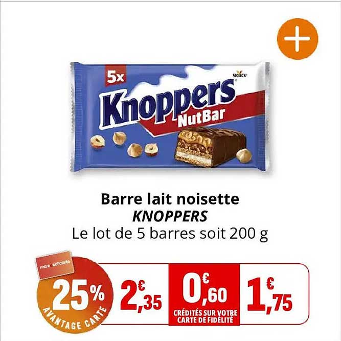Barre lait noisette KNOPPERS Le lot de 5 barres soit 200 g