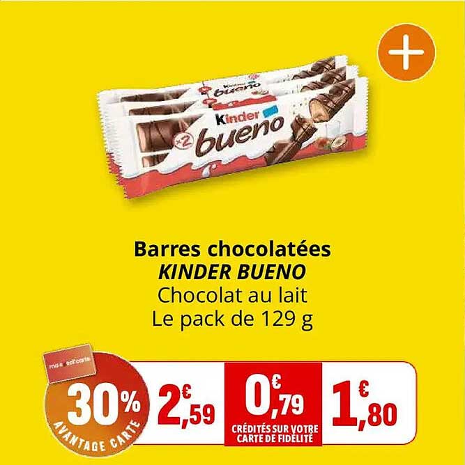 Barres chocolatées KINDER BUENO Chocolat au lait Le pack de 129 g