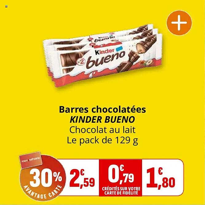 Barres chocolatées KINDER BUENO Chocolat au lait Le pack de 129 g