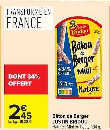 Bâton de Berger JUSTIN BRIDOU Nature : Mini ou Petits, 134 g.