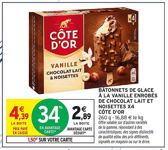 BÂTONNETS DE GLACE À LA VANILLE ENROBÉS DE CHOCOLAT LAIT ET NOISETTES X4 CÔTE D'OR