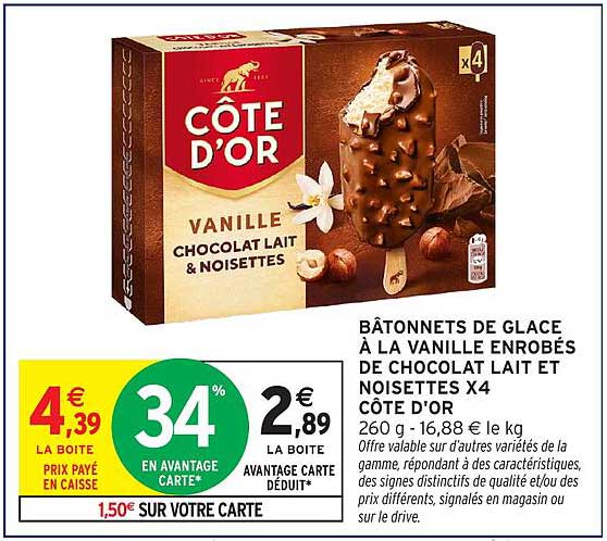 BÂTONNETS DE GLACE À LA VANILLE ENROBÉS DE CHOCOLAT LAIT ET NOISETTES X4 CÔTE D'OR
