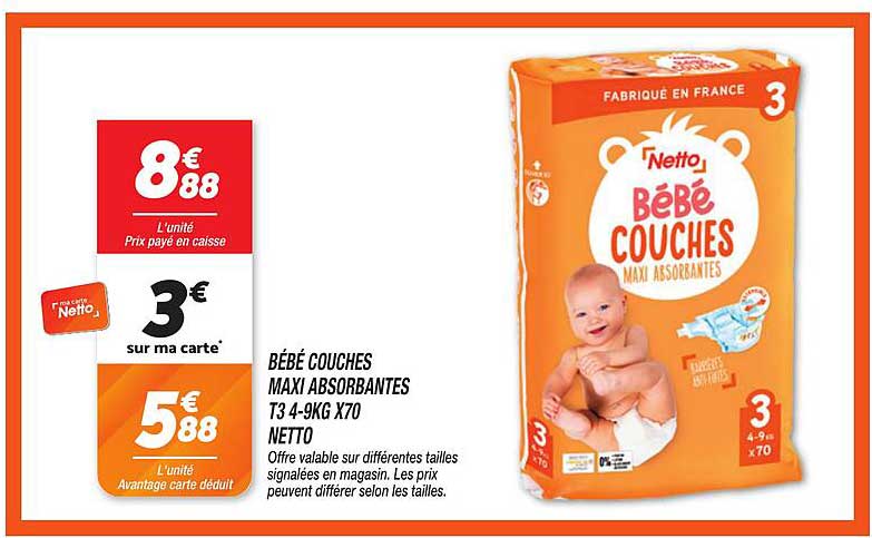 BÉBÉ COUCHES MAXI ABSORBANTES T3 4-9KG X70 NETTO