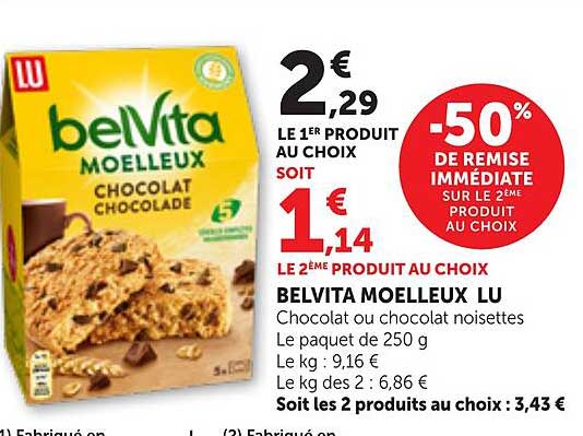BELVITA MOELLEUX LU Chocolat ou chocolat noisettes