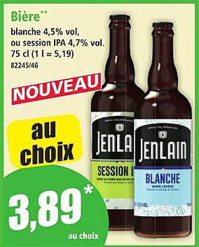 Bière blanche 4,5% vol, ou session IPA 4,7% vol. 75 cl (1 l = 5,19)