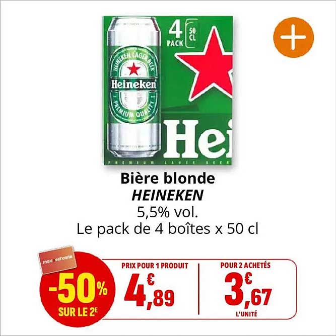 Bière blonde HEINEKEN 5,5% vol. Le pack de 4 boîtes x 50 cl