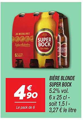 BIÈRE BLONDE SUPER BOCK 5.2% vol. 6 x 25 cl - soit 1,5 l - 3,27 € le litre